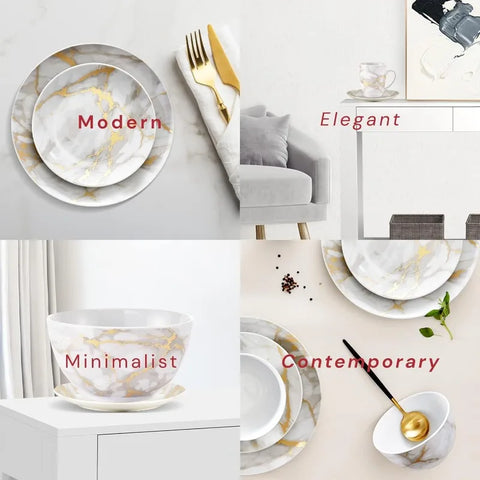 Marble Plates and Bowls Sets, Modern Kitchen 16-Piece Dinnerware Sets, Indoor and Outdoor Plates