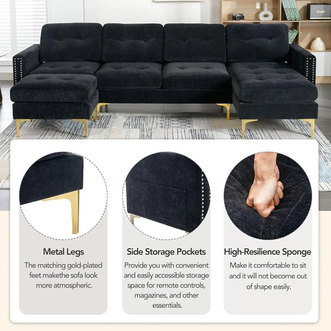 Velvet Modern Large Sectional Sofa, U Shape Upholstered Couch with Chaise, Convertible Sofa Couch with Movable Ottoman