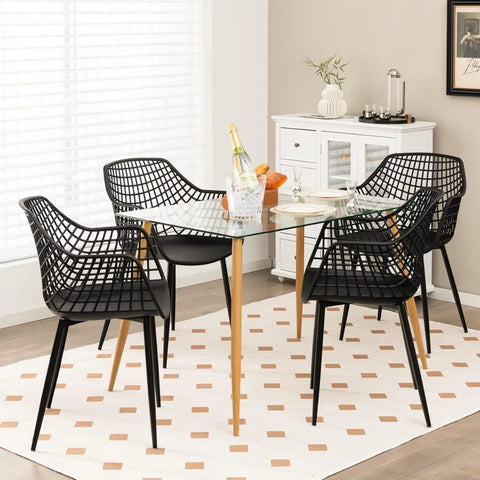 Modern Dining Chairs Set of 4 - Black Arm Chair with 15" High Backrest, Powder-Coated Metal Legs, Anti-slip Foot Pads