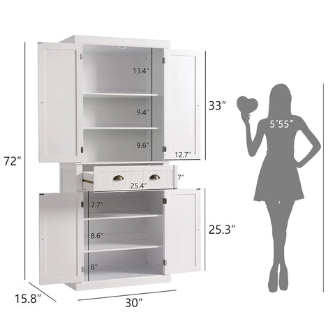 72" Kitchen Pantry Storage Cabinet, Freestanding Cupboard with 2 Cabinets, Drawer and Adjustable Shelves, Tall Storage Cabinet