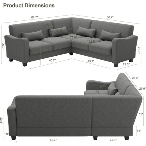 Fabric L Shaped Sofa Small Sectional Couch with Chaise Solid Corner Sofa Small L Couches 5 Seater Sofa