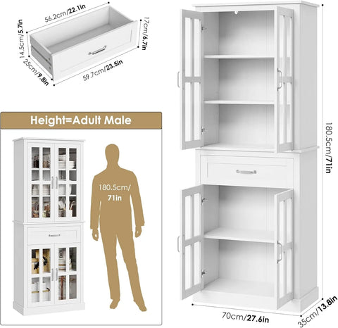 Kitchen Cabinet, Tall Cabinet with Glass Doors and Drawer, Freestanding Pantry Hunch with Adjustable Shelves, Cabinets Kitchen