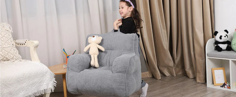 Kids Bean Bag Chair with a Plush Bear, Comfy Toddler Chair for Boys and Girls, Beige kids couch