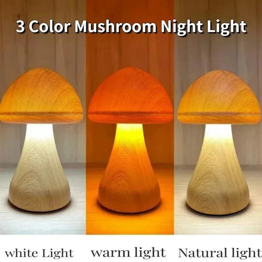 New Smart  Control  Wooden Cute Mushroom Night Lights Portable Dimmable Bedside Lamp with USB Charging Lamps   Decor