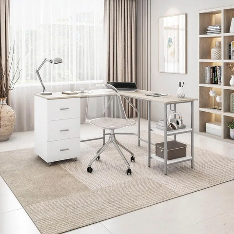 L Shaped Desk - Two-Toned Computer Desk with Drawers & Storage Shelves - Simple Modern Furniture & Home Office Space Corner Tabl