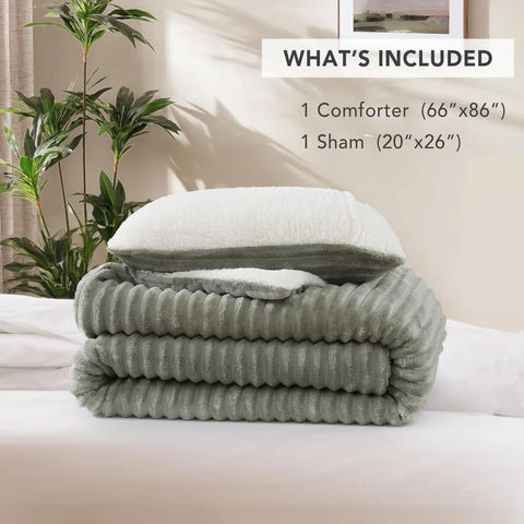 Comforter Set, Ultra-Soft Microplush Sherpa Fleece Bedding Sets, Reversible 3-Piece Comforters Set