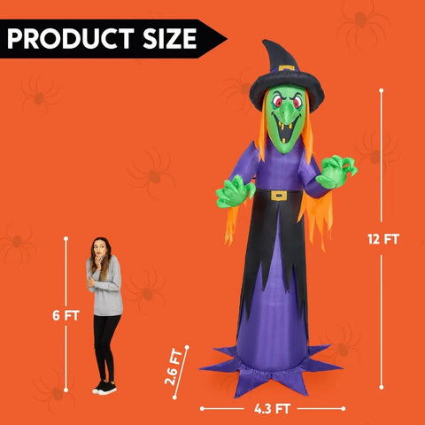 12 FT Giant Halloween Inflatable Witch with Built-in LED Lights, Blow Up Scary Witch for Outdoor Decoration, Halloween Yard