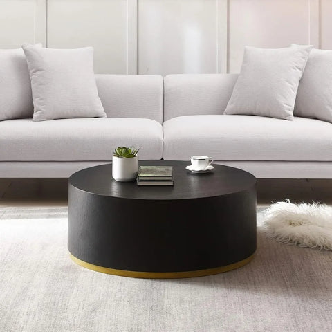 Round Coffee Table for Living Room, Drum Round Circle Wood  Modern Black Coffee Tables End Table with Gold Rim Bottom