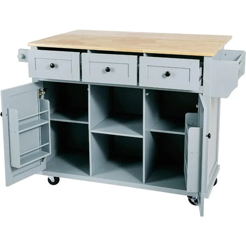 Kitchen Cart with Rubber Wood Drop-Leaf Counter top, Rolling Kitchen Island Carts with 3 Drawers and Cabinet, Kitchen Cart