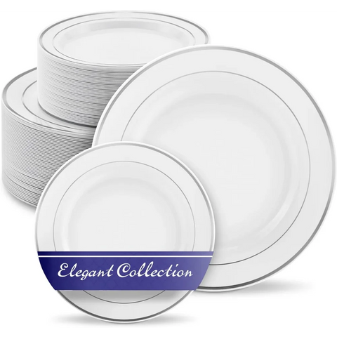 Dinner and Dessert Plates Set Disposable (200 Pieces) 10" + 7" White and Silver Plastic Plates for Party 100 Guest