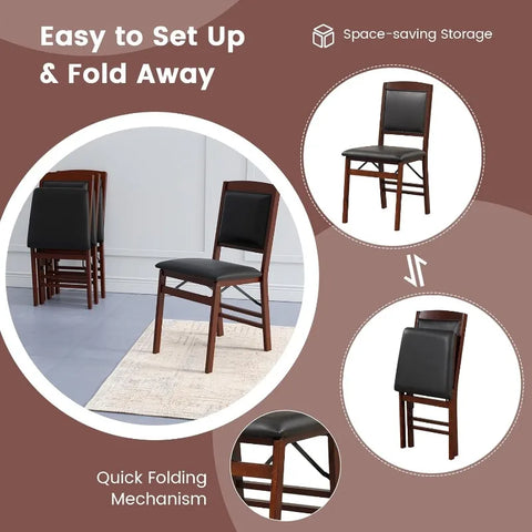 Folding Dining Chairs, Foldable Chairs with PVC Padded Seat & High Backrest, Wooden Side Chairs,   Dining Chairs