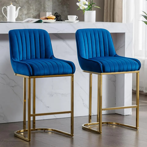 Modern Counter Height Bar Stools Set of 2 Green Bar Stools with Back/Gold Legs Upholstered Velvet Barstools 26''