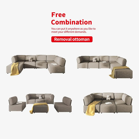 Modular Sectional Sofa with Chaise, Convertible Oversize Couch with Reversible Ottoman, Linen Free Combination Sleeper Sofa