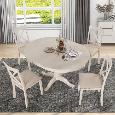 5-Piece Round Dining Table and Chair Set, Round Dining Table with Shelf, Wood Table Set for Family Dining Area