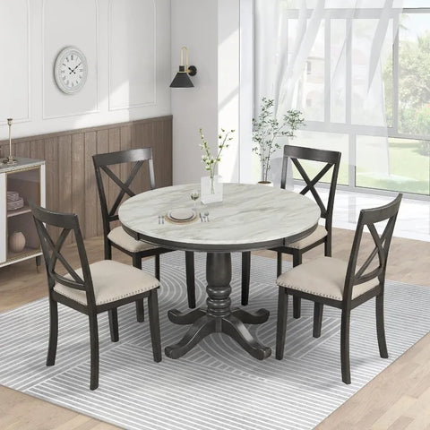 5-Piece Round Dining Table and Chair Set, Round Dining Table with Shelf, Wood Table Set for Family Dining Area