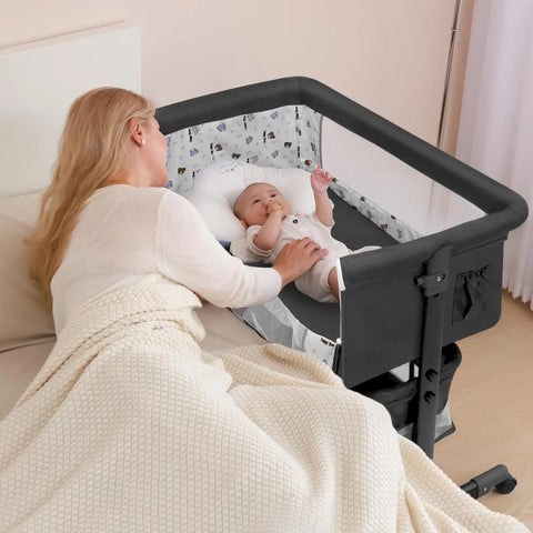 Baby Basinet Bedside Sleeper, Easy to Fold Portable Crib Side Bassinet 2024new Style Girl/boy bassinets (Dark Gray)