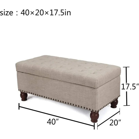 Linen Fabric Rectangle Tufted Lift Top Storage Ottoman Bench, Footstool with Solid Wood Legs Upholstered Storage Bench (Beige)