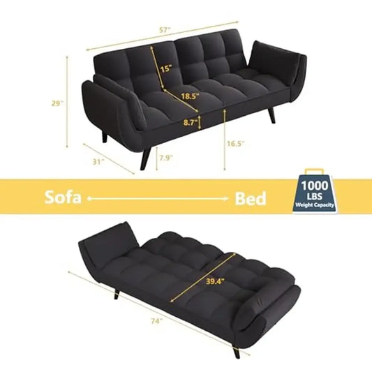 Velvet Convertible Futon Couch Bed with Adjustable Backrest and Memory Foam Mattress 3-level Foldable Love Seat Sleeper Sofa