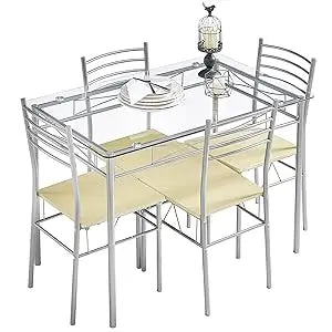 5 Piece Dining Table Set for 4 with Chairs, Glass Tabletop, Small Space, Silver