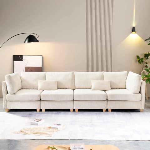 L Shaped Convertible Modular Sectional Sofa with Movable Ottoman, Free Combination Corduroy Upholstered Corner Couch with Legs