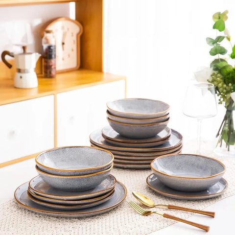 Ceramic Dinnerware Sets,Handmade Reactive Glaze Plates and Bowls Set,Highly Chip and Crack Resistant