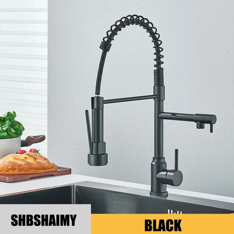 Black Kitchen Sink Faucet Pull Down Hot and Cold Water Mixer2 Mode Tap with Dual Spout 360 Rotation Flexible Deck Mounted