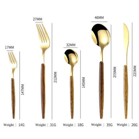 Elegant 30-piece Stainless Steel Gold Imitation Wooden Handle Dinnerware Cutlery Set with Coffee Spoon, Fork, and Silverware - P