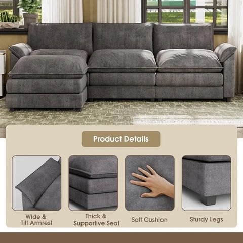 119” Modular Oversized Sectional Sofa Couch,Wide Arm L-Shaped Couch, Deep Seat and Reversible Ottoman,Chenille Fabric