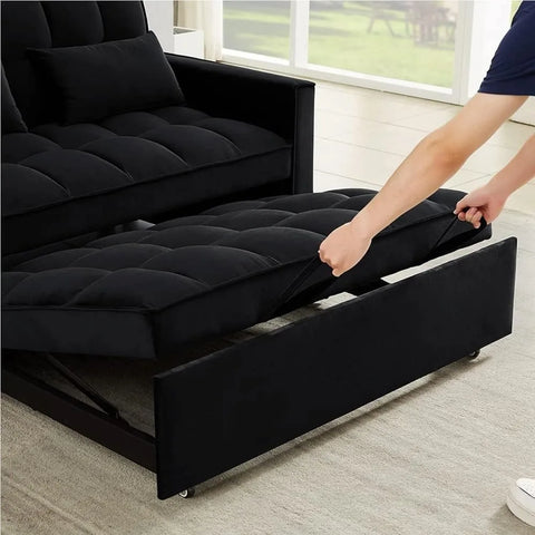 3-in-1 2-Seater Loveseat Pull Out Couch Reclining Backrest,Toss Pillows Pockets-Perfect for Small Spaces Velvet Sleeper Sofa Bed