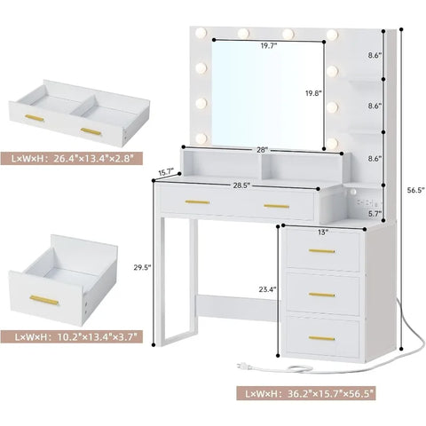 Vintage Vanity Desk, Makeup Vanity with Mirror and 10 LED Lights, 3 Lighting Modes, Makeup Table with 2 USB Ports and Outlets