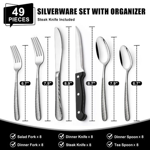 49-Piece Silverware Set with Organizer, Heavy Duty Stainless Steel Flatware Set for 8, Cutlery Utensil Sets, Dishwasher Safe