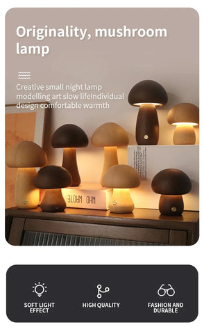 New INS LED Night Light With Touch Switch Wooden Cute Mushroom Bedside Table Lamp  Bedroom Childrens Room Sleeping Night Lamps