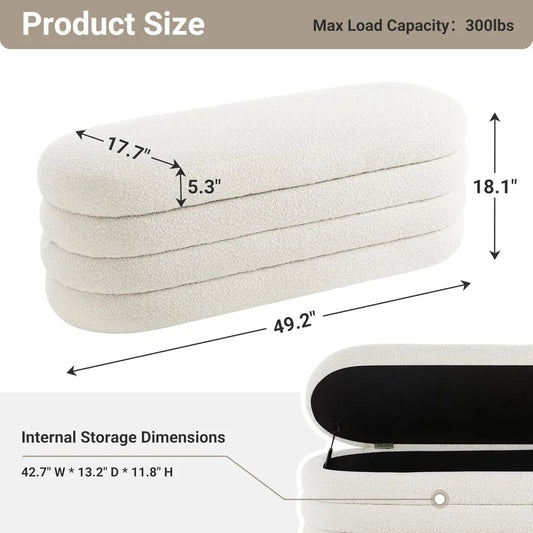 Storage Ottoman Bench 49.2 Inch Upholstered Fabric Storage Bench for Bedroom End of Bed Aesthetic Large Oval Storage Ottoman