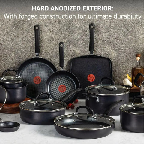 Ultimate Hard Anodized Nonstick Cookware Set 17 Piece, Oven Broiler Safe 400F, Lid Safe 350F, Kitchen Cooking Set w/ Fry Pans