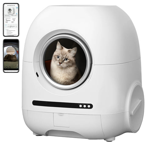 Self-cleaning cat litter box, 68L+9L, suitable for a variety of cat litter, APP control, real-time video, photo and video, safe