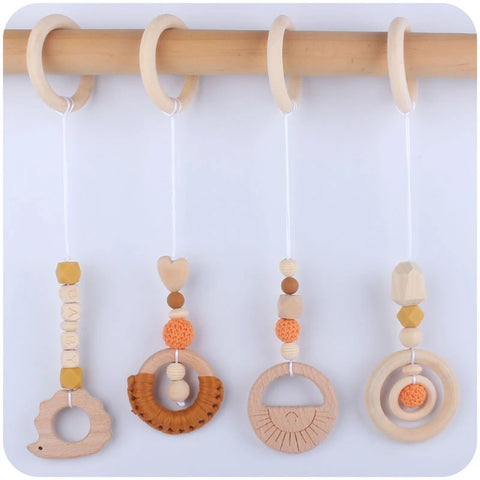 3/4 Pcs Baby Gym Frame Beech Wood Ring Baby Fitness Rack Pendants Silicone Beads Teether Newborn Stroller Rattle Play Gym Toys