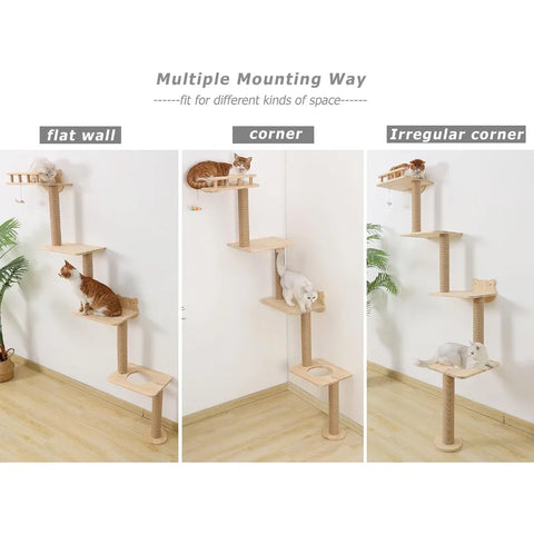 Cat Tree Wall Mounted with 4 Levels Cats Shelves, 73" Wood Cats Climbing Tower Indoor Cat Wall Shelve