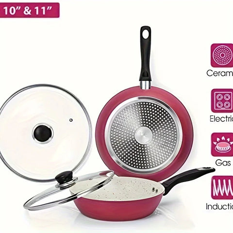 10"+11" Pink Nonstick Pan Set with Lids, Aluminum Frying Pan Sets with Ceramic White Coating & Bakelite Handle, Easy to Clean