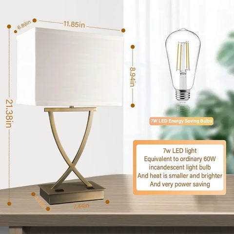 Dimmable Table Lamp for Bedroom with Type C/USB Charging Port and 1 AC Outlet White Linen Shade 21.38" Bedside Nightstand Lamp