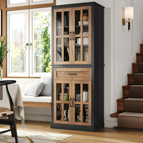 Kitchen Cabinet, Tall Cabinet with Glass Doors and Drawer, Freestanding Pantry Hunch with Adjustable Shelves, Cabinets Kitchen