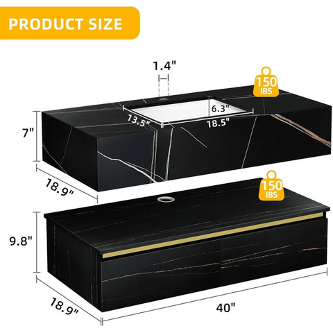 Bathroom Vanity 40 Inch Floating,Wall Mounted Bathroom Vanity Ceramic Basin Sink and 2 Wooden Drawers,Bathroom Storge Cabinet