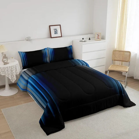 Comforter Set Kids Teens Dark Blue and Black Striped Bedding Bed Set Decor Modern Fashion Comforter Inner Fill Bedroom