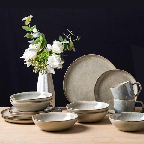 Ceramic Dinnerware Sets,Handmade Reactive Glaze Plates and Bowls Set,Highly Chip and Crack Resistant