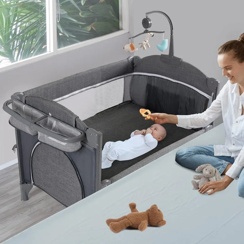 5 in 1 Baby Crib, Bedside Cribs, Pack and Play with Bassinet and Changing Table, Portable Travel Baby Playpen with Toys & Music