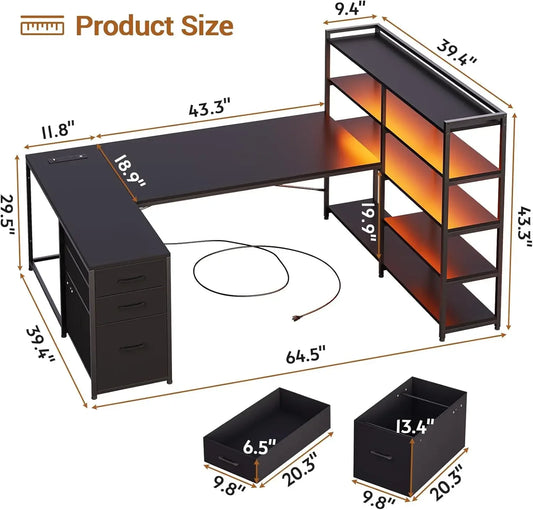 Shaped Gaming Desk, Reversible U Shaped Computer Desk with Power Outlet and Storage Shelves