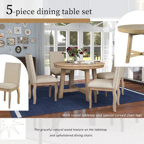 5-Piece Round Dining Table and Chair Set, Round Dining Table with Shelf, Wood Table Set for Family Dining Area