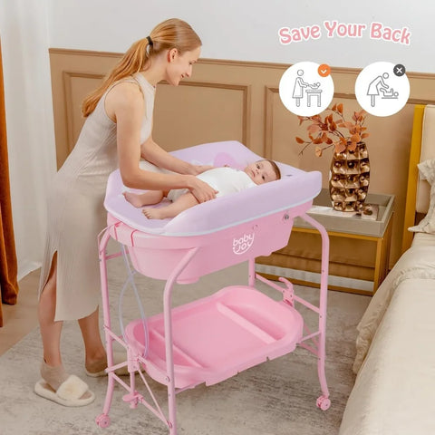 BABY JOY Baby Bathtub with Changing Table, Foldable Infant Diaper Changing Station with Storage Tray, Waterproof Pad, Portable