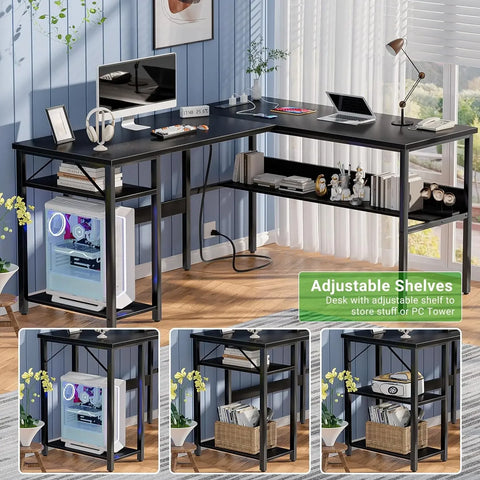 Room Desks Durable Work Desk for Home Office Reversible L Shaped Computer Desk With Magic Power Outlets and USB Charging Ports