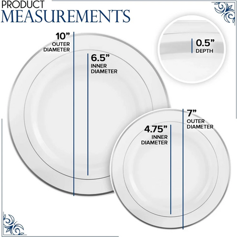 Dinner and Dessert Plates Set Disposable (200 Pieces) 10" + 7" White and Silver Plastic Plates for Party 100 Guest