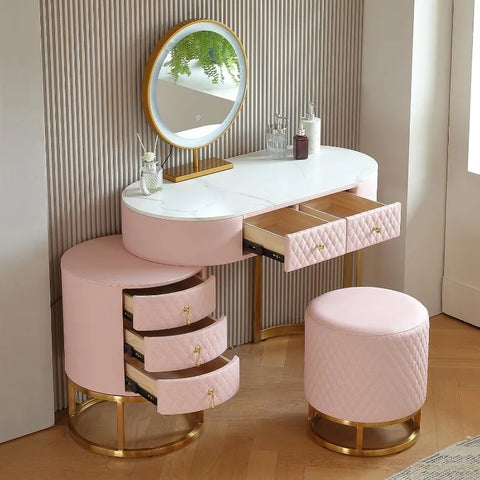 Luxury Faux Leather Vanity Desk with Mirror Makeup Table with Drawers & Vanity Stool